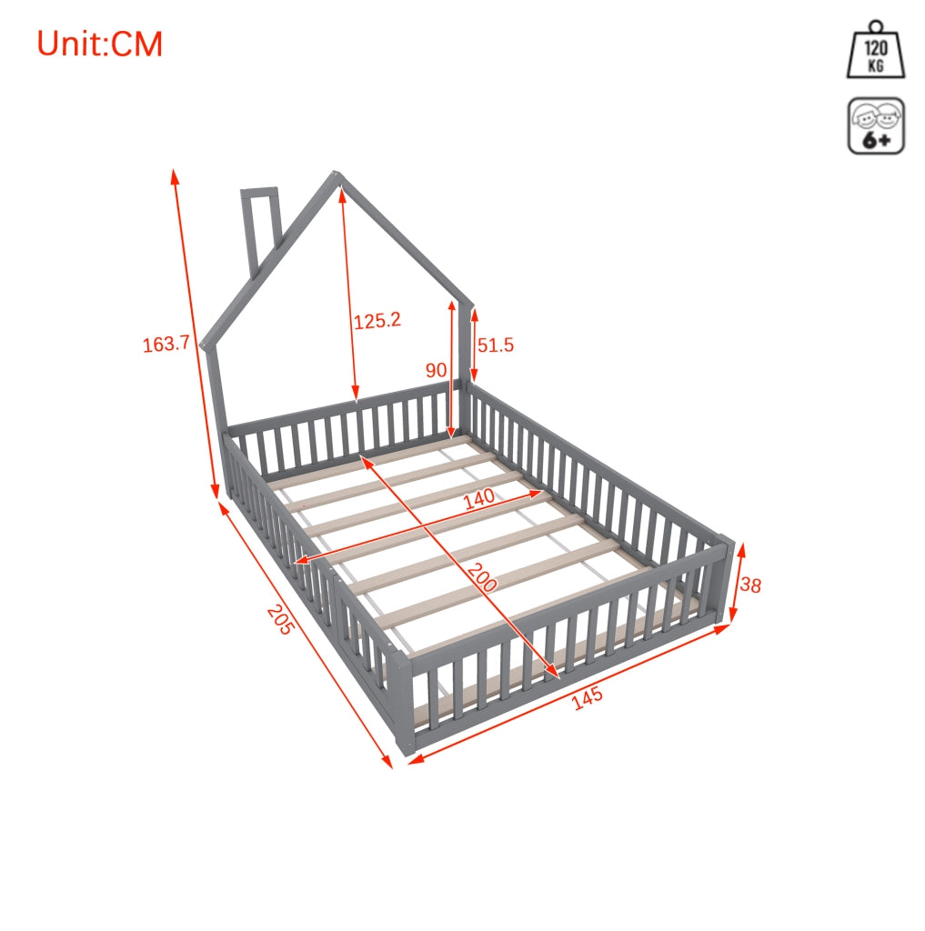 Letto per bambini con forma a camino, 140 x 200 cm, grigio