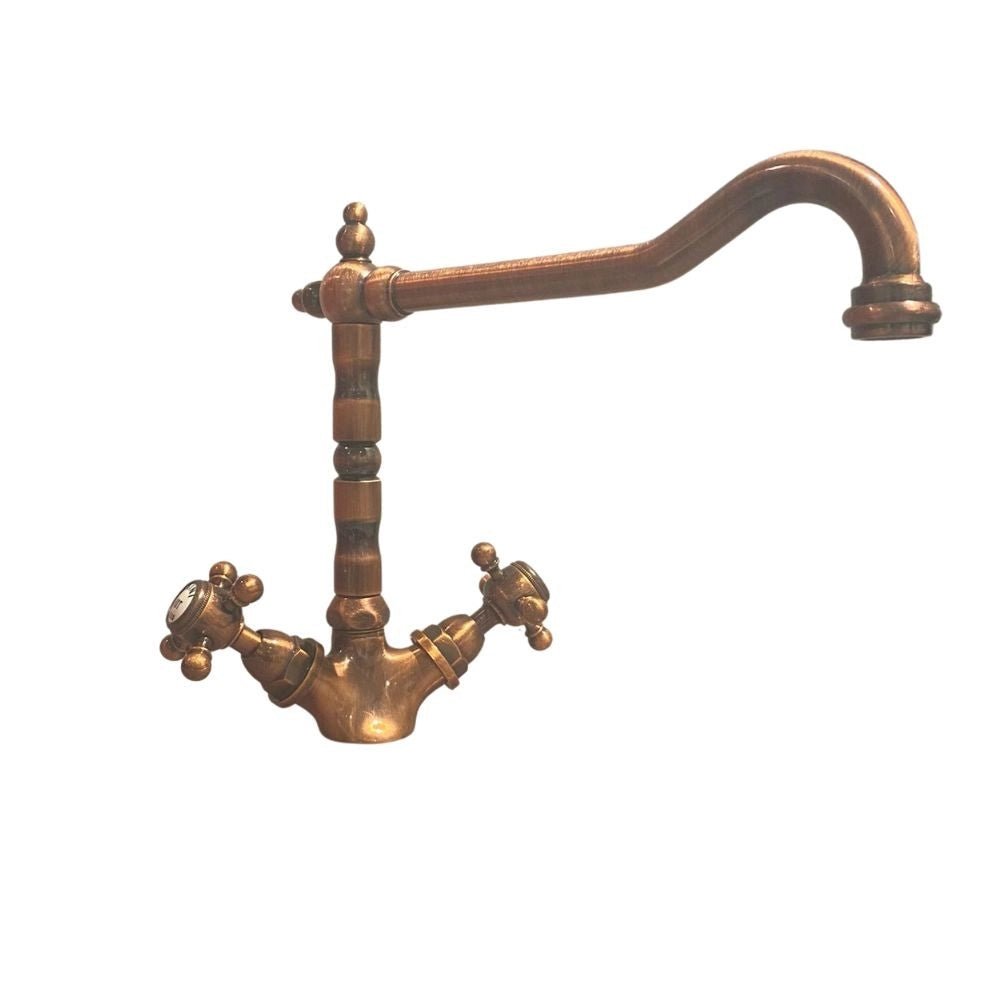 Rubinetto Cucina Miscelatore Doppio Comando Girevole Lavello in Ottone Paini Nostalgia Barocco Rame Antico