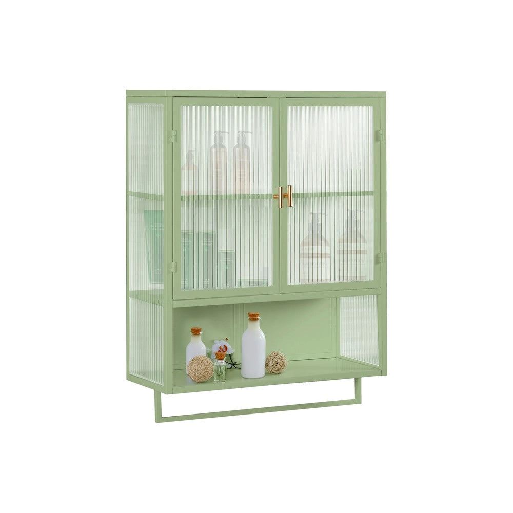 Armadietto Bagno con Ante in Vetro, Ripiani e Portasalviette ¨C MINIMAL ¨C Verde 60 cm