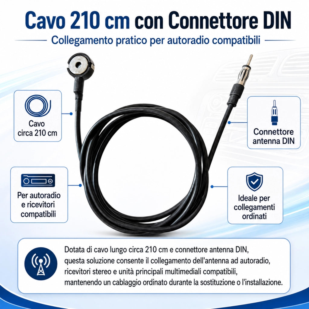 Antenna Autoradio FM/AM da Tetto Cavo 210 cm DIN Compatibile con Fiat, Lancia