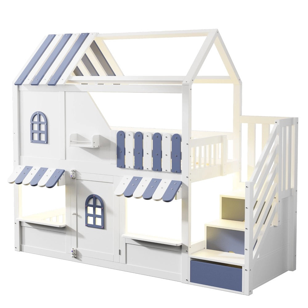 Letto a Castello Bambini Casetta con LED e Scaffale ¨C Xylo ¨C Bianco e Blu 90x200