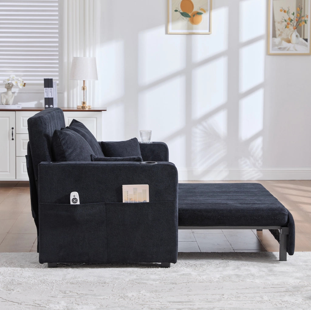 Divano letto 139x83x58 cm in ciniglia nera con USB e portabicchieri