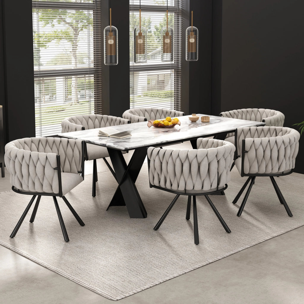Sedia da pranzo girevole 360° in lino nero; set da 6; con struttura in metallo