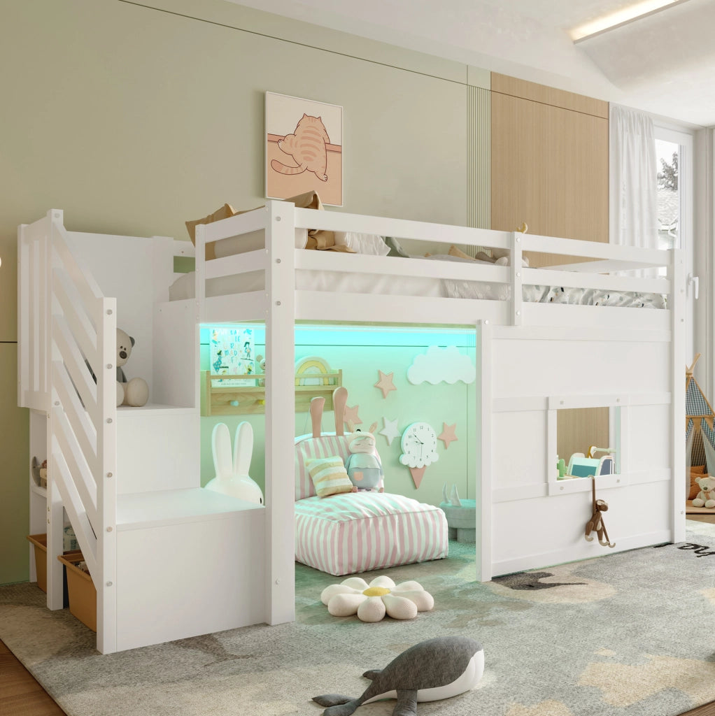 Letto a soppalco 90x200 cm bianco con scala contenitore e finestra
