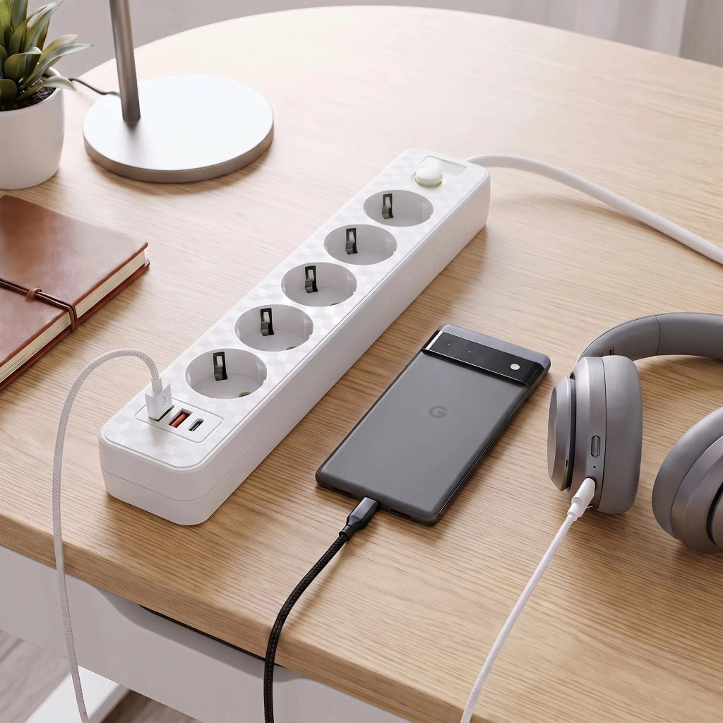 Multipresa Con Prolunga, 5 Prese + 2 Porte Usb-a + Usb-c Jnh023-4a White