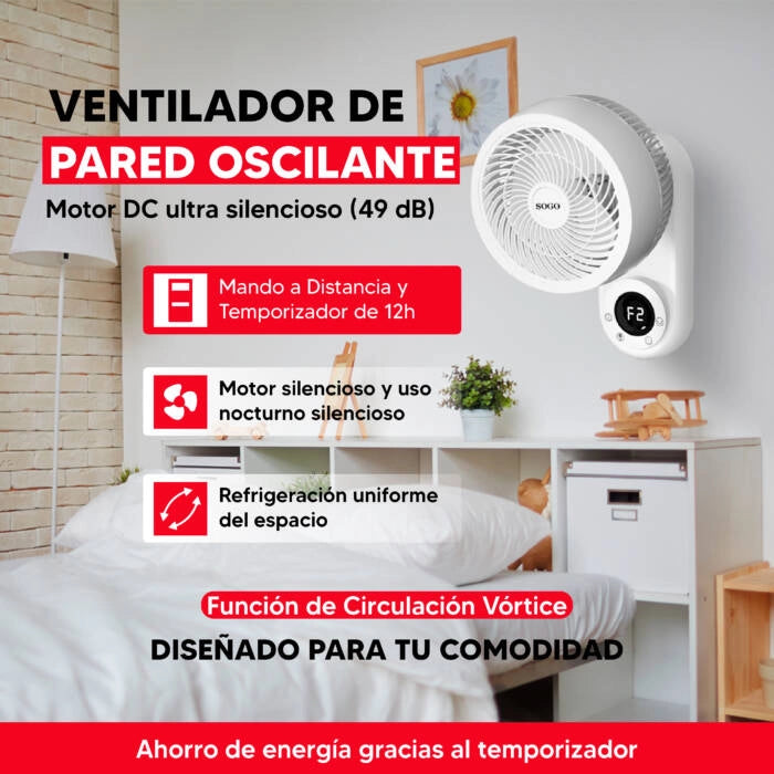 Ventilatore da parete 25 cm con telecomando, 50W 3 velocità e timer 12h, oscillazione automatica e funzione aroma - Sogo