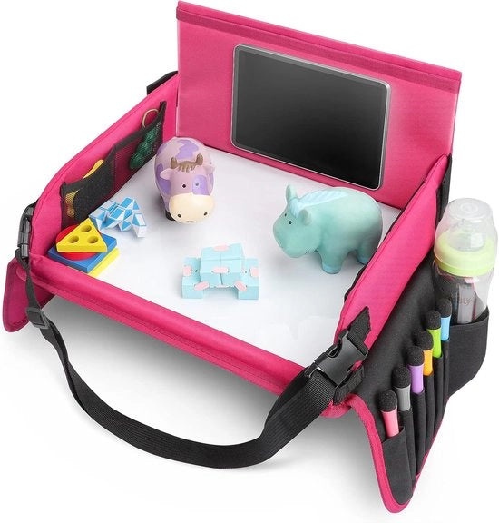 Tavolo di Gioco e Snack da Viaggio - Tavolo di Attività per Bambini da Viaggio 6 Pennelli, Tavolo di Gioco e Snack per Auto/Kinderwagen/Voli in Aereo - Rosa