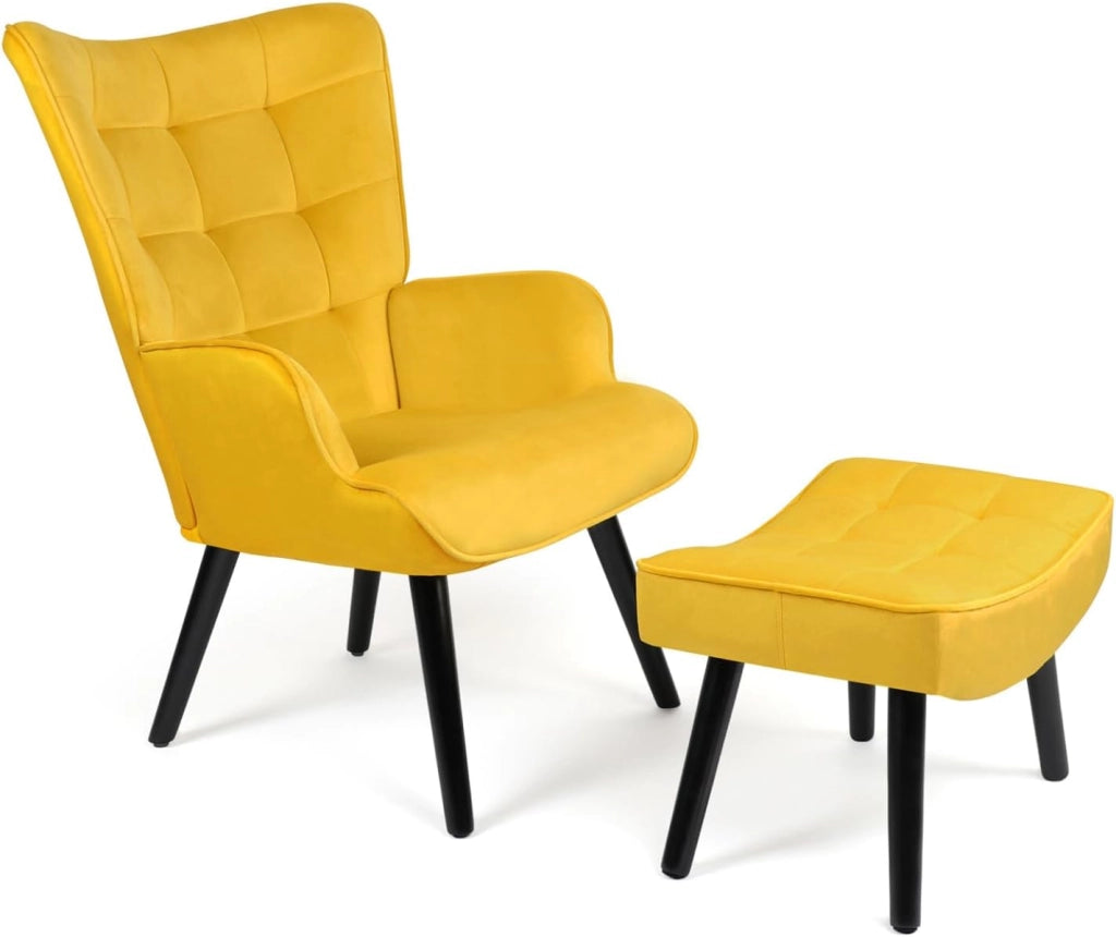 ANIA Poltrona scandinava con poggiapiedi in velluto giallo