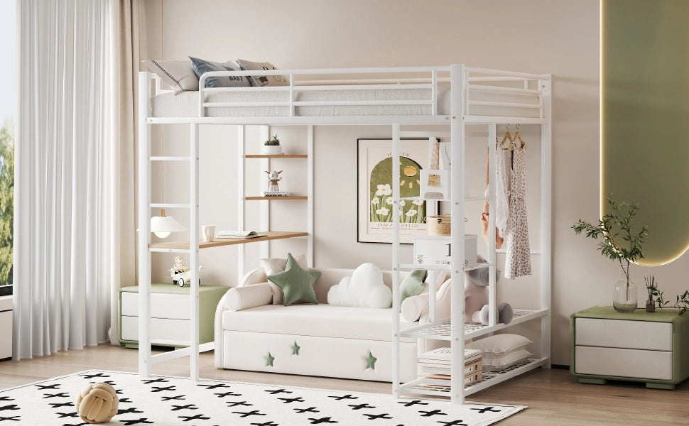 Letto a castello bianco con funzione scrivania e contenitori in metallo 90x200 cm