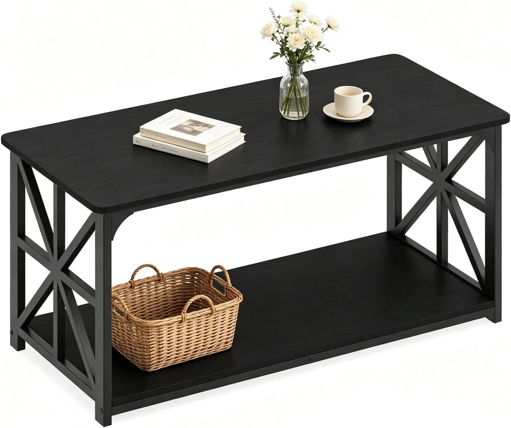 Tavolino Salotto a 2 Ripiani, Tavolino da Caffè 109 X 50 X 48 CM, in Legno e Acciaio, con Barre Rinforzate, Carico 100 KG, Stile Moderno, Montaggio Facile, per Soggiorno (Nero)
