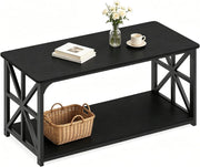 Tavolino Salotto a 2 Ripiani, Tavolino da Caffè 109 X 50 X 48 CM, in Legno e Acciaio, con Barre Rinforzate, Carico 100 KG, Stile Moderno, Montaggio Facile, per Soggiorno (Nero)