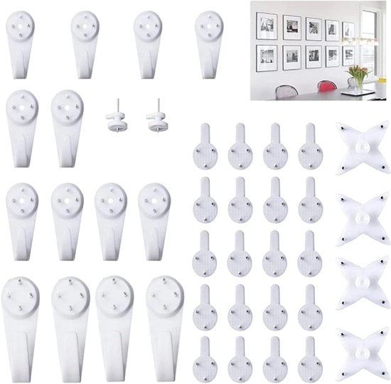 40 pezzi di appigli per foto per pareti dure - Ganci per parete invisibili - Non segnanti ganci per intonaco - Accessori per cornice di album di foto orologio appesi