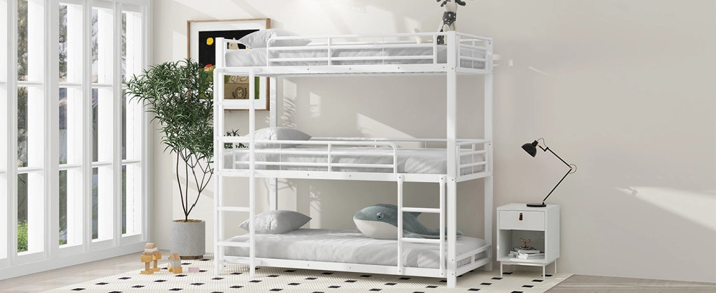 DESMIU Letto a castello 90 × 200 cm 3 posti con scala e sponde, senza materasso, in metallo, bianco