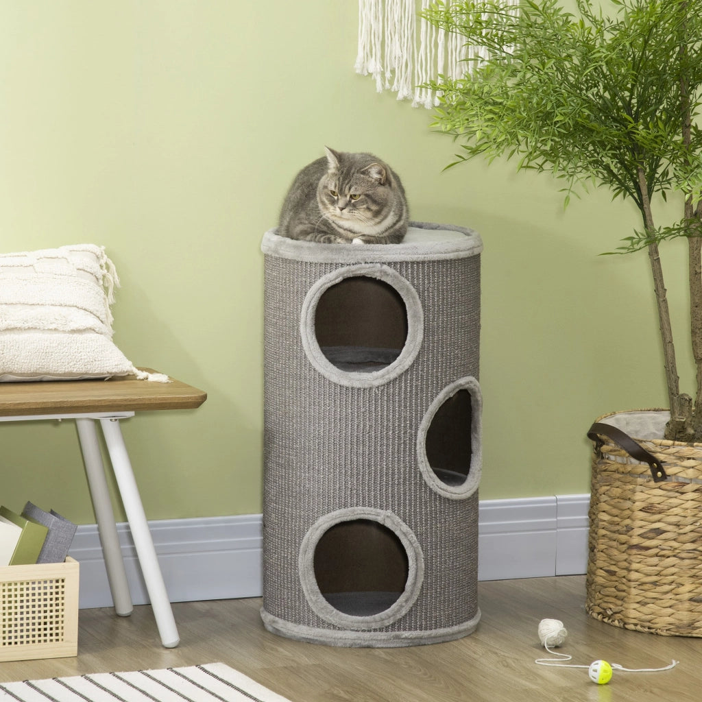 EasyComfort Cuccia per Gatti a 3 Livelli con Tiragraffi in Sisal e Peluche, Ø38x70cm, Grigio Chiaro