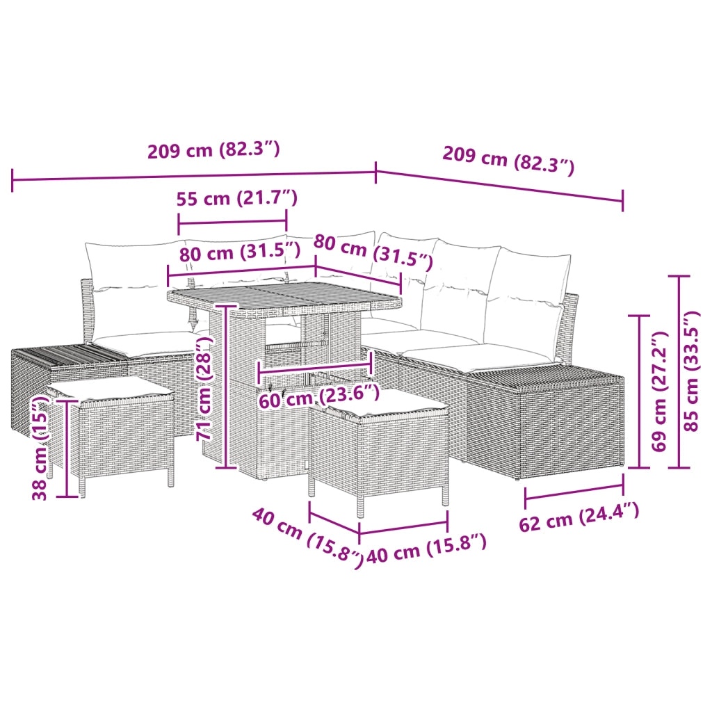 Set Divano da Giardino 8 Pezzi con Cuscini in Rattan Polyrattan Nero Acacia