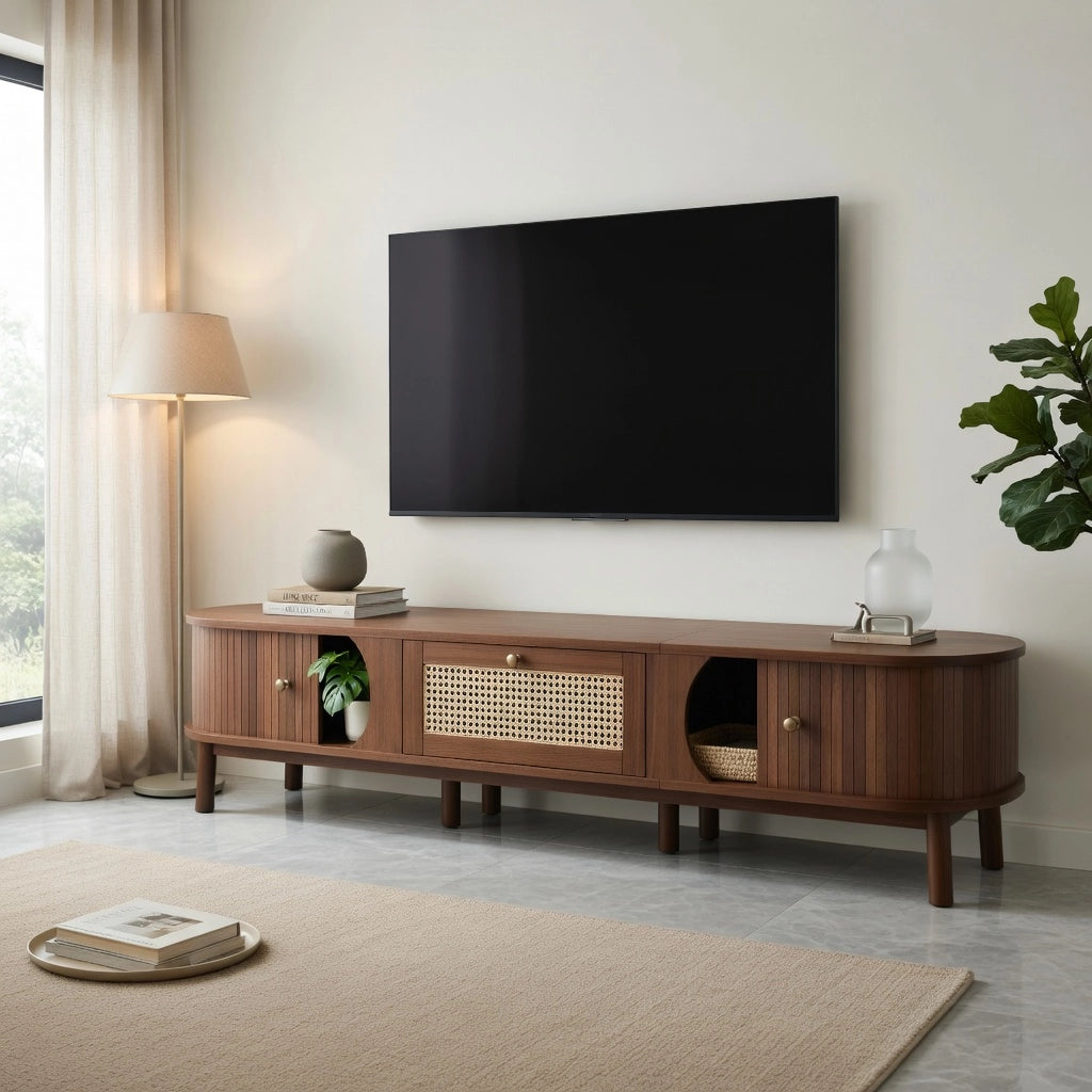 TV-Schrank naturfarben in Spanplatte mit Rattanschubladen 170 cm