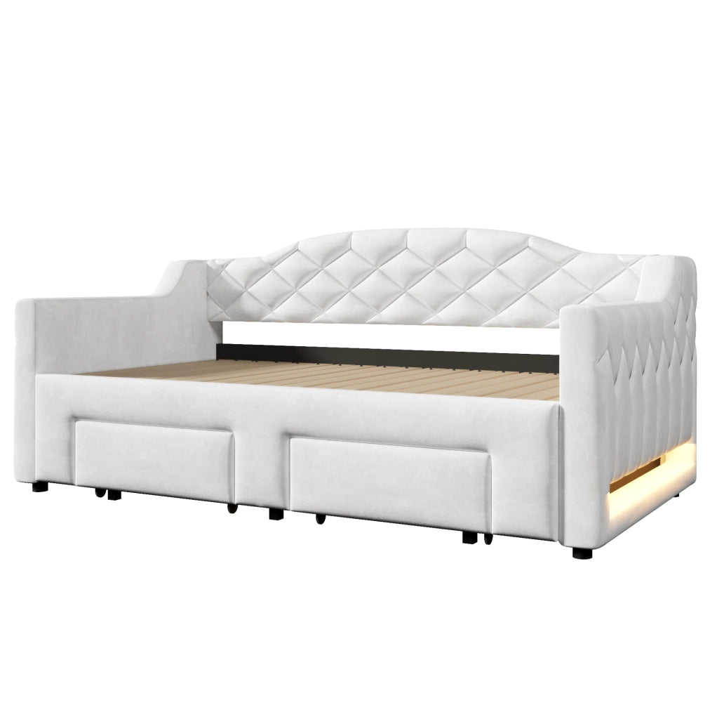 Letto da giorno estraibile 90x200/180x200 cm con 2 cassetti e LED bianco