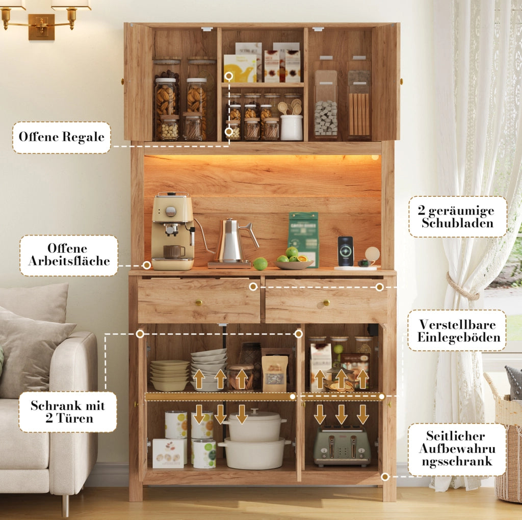 Credenza alta da cucina con LED RGB, prese e ante in rattan