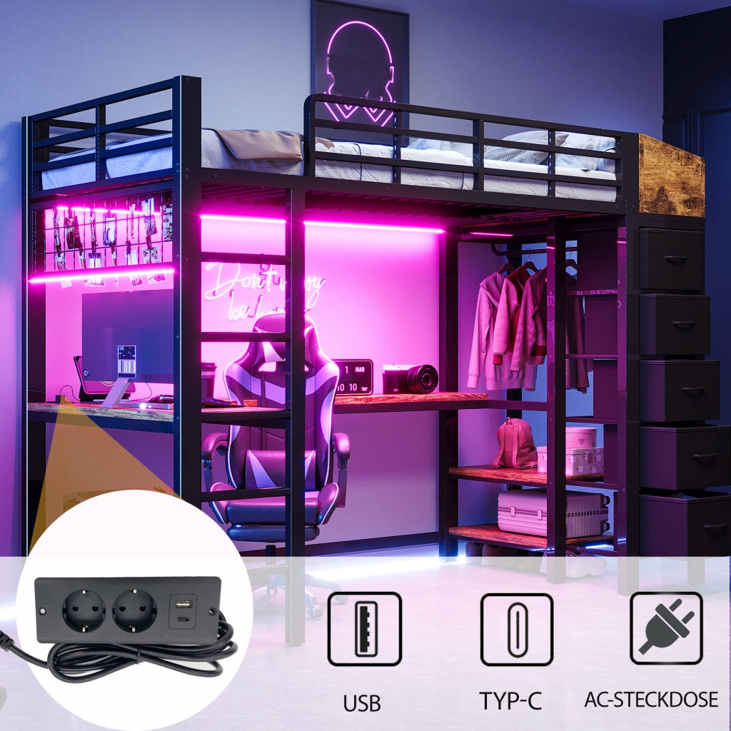 LETTO a soppalco 90x200 cm in metallo nero con scrivania, LED e contenitori