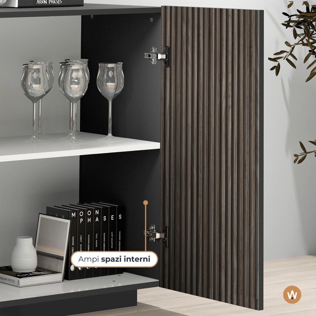 WHOUS Credenza Coste a 2 ante effetto cannetè antracite opaco e legno scuro 120x43x126 cm