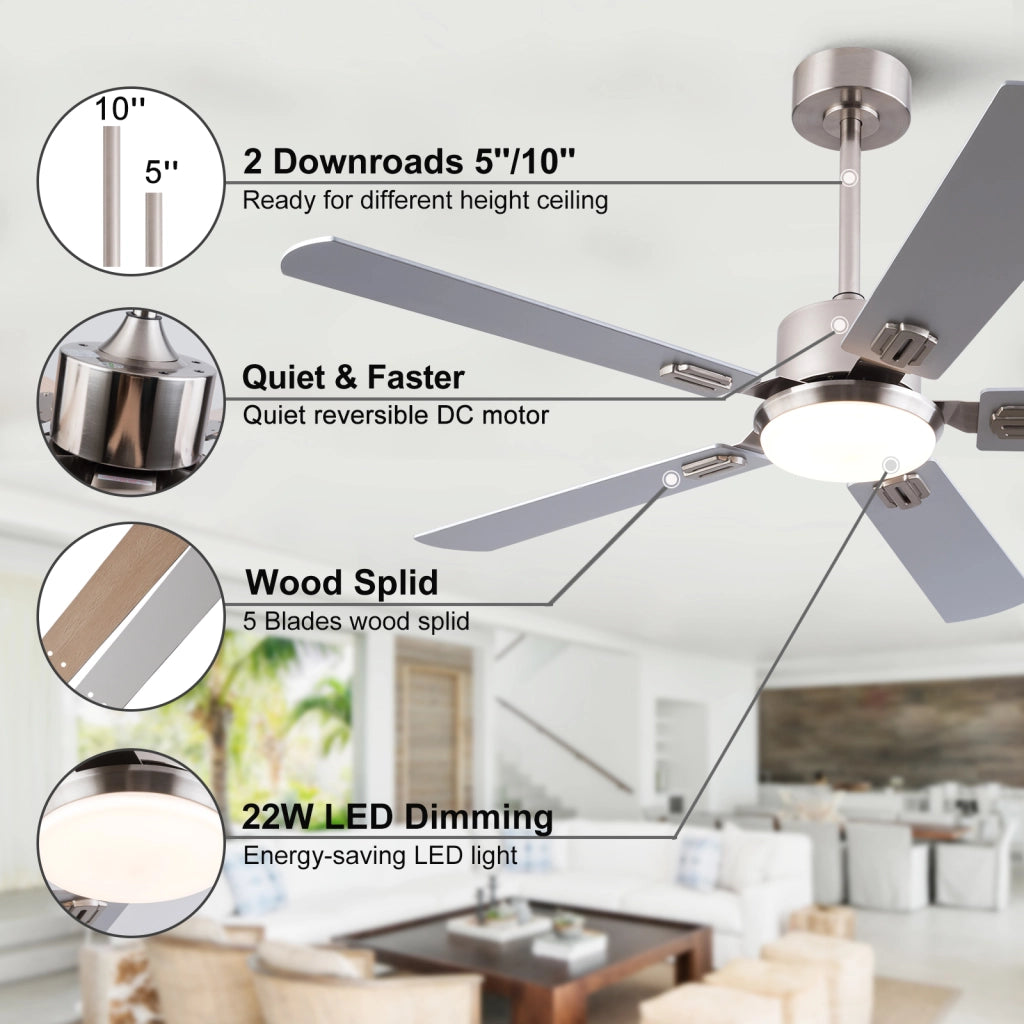 Ventilatore da soffitto con luce e telecomando in metallo e legno nickel dimmerabile con 6 velocità