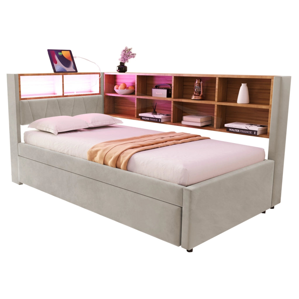 Divano letto multifunzione con letto estraibile, LED e porte di ricarica