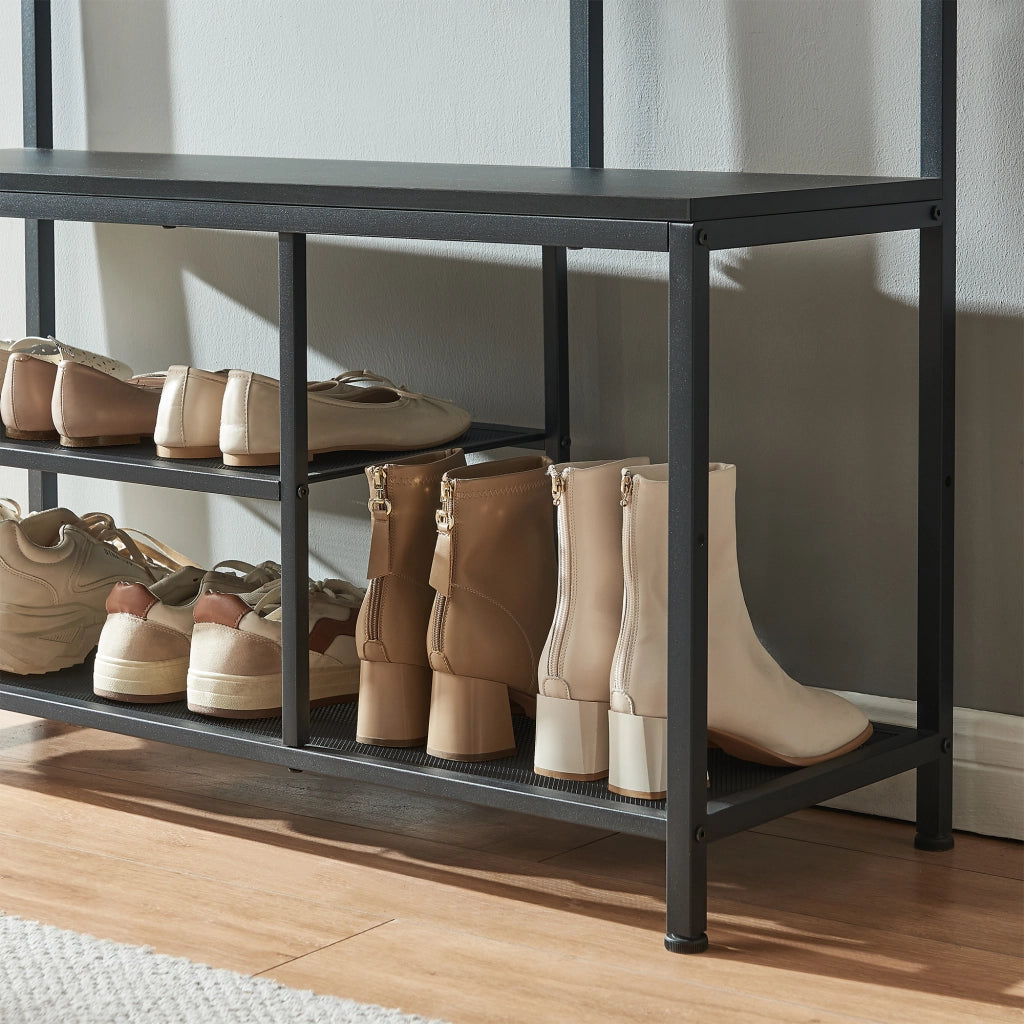 Stand Appendiabiti Napinerg con Specchio Panca e Scarpiera 185 x 98 x 34 cm - Nero [en.casa]