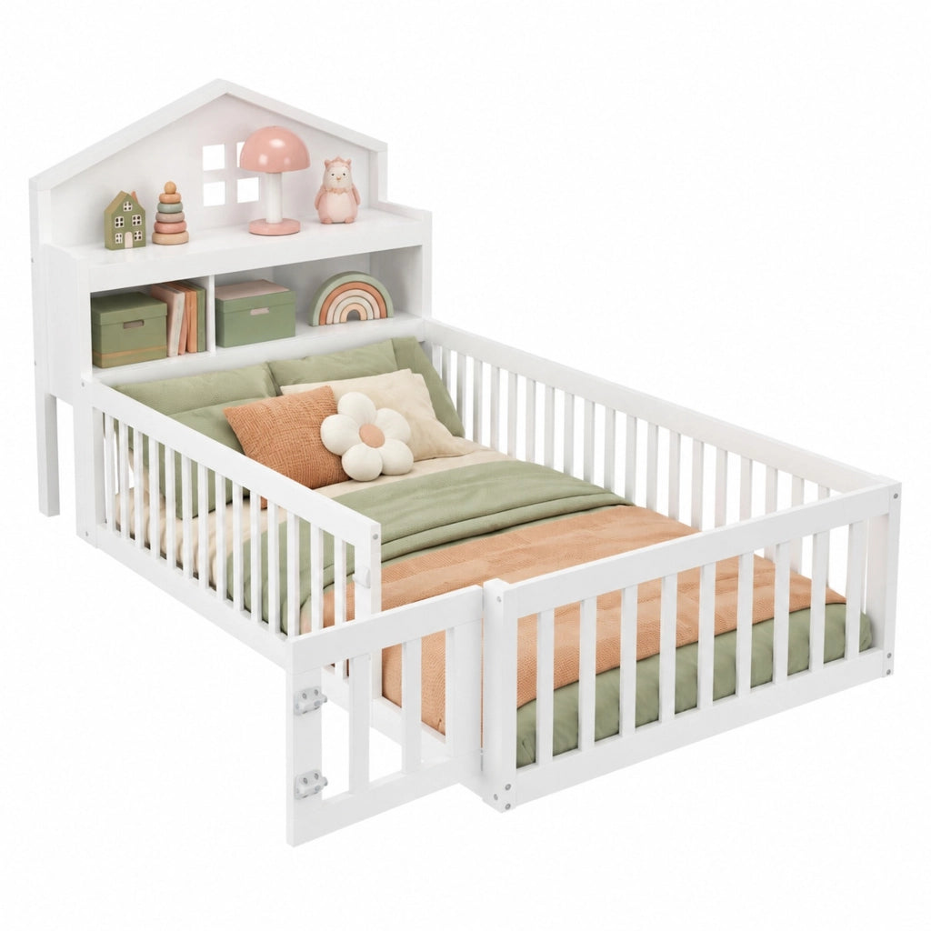 Letto a pavimento per bambini 90x200 in legno massello; casetta; bianco