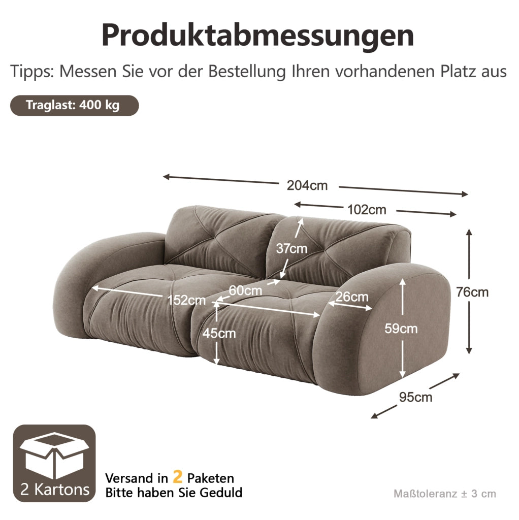 Divano modulare senza telaio 204x95x76 cm in chenille taupe con schiuma ad alta densità