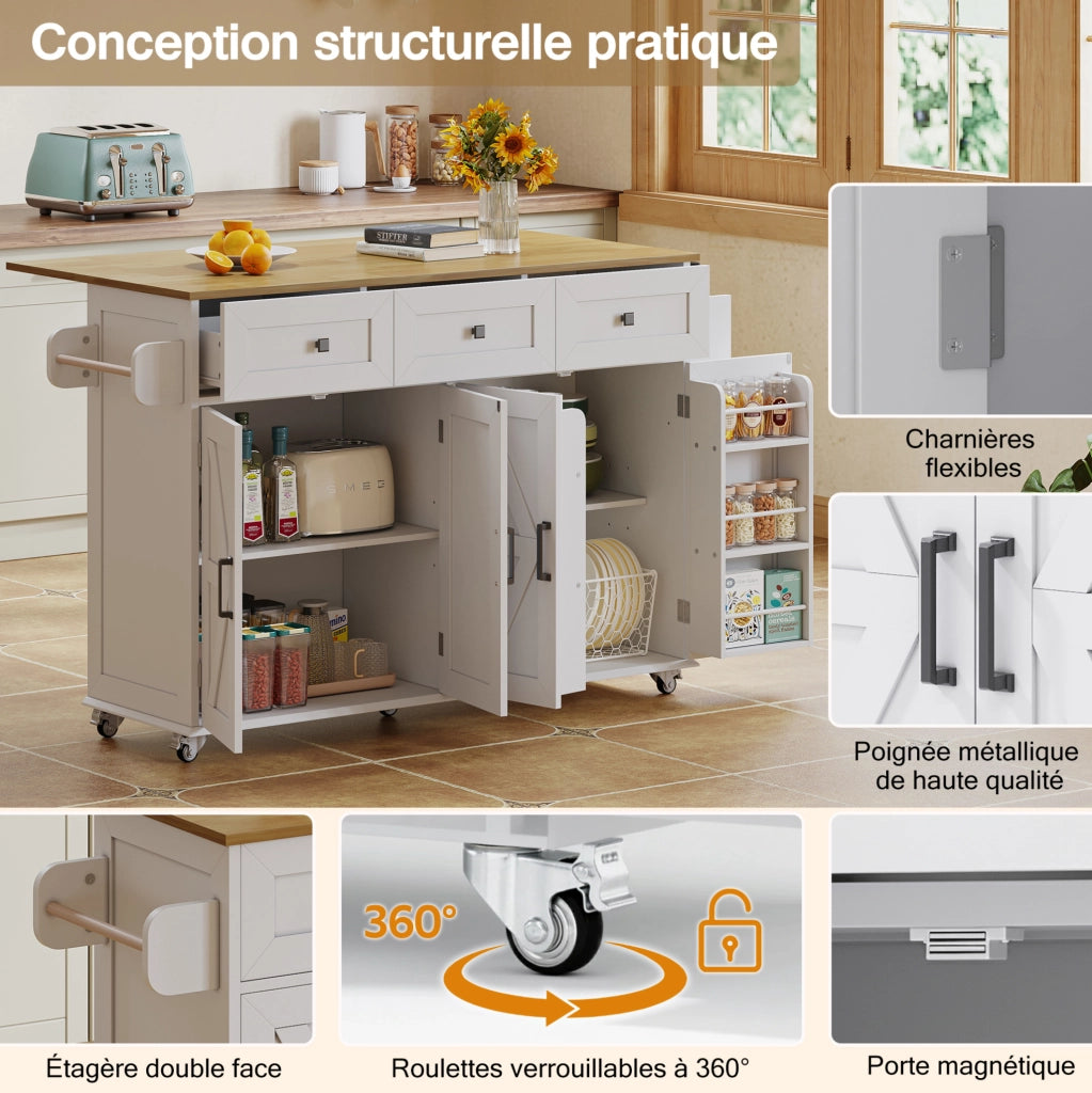Isola cucina con piano ribaltabile 140x43(70)x90;5 cm; MDF bianco e naturale