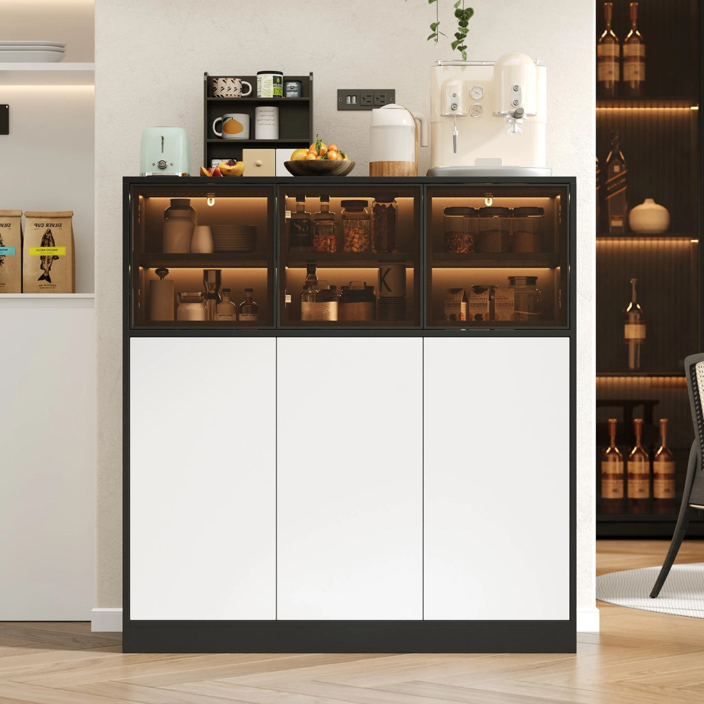 Credenza con 6 ante e 14 vani; illuminazione LED - per soggiorno - 100×40×105 cm - nero e bianco