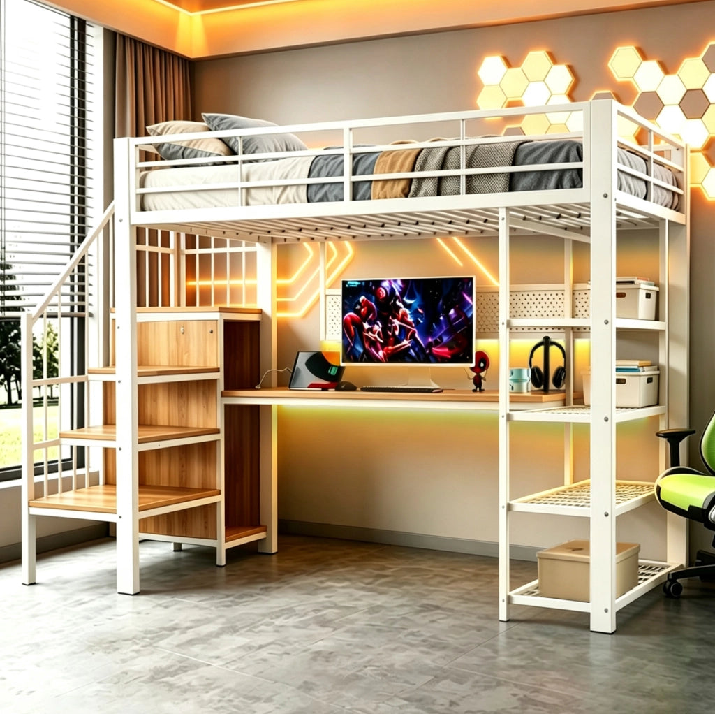Letto a soppalco 90x200 cm con scala contenitore; LED e prese in metallo e legno bianco
