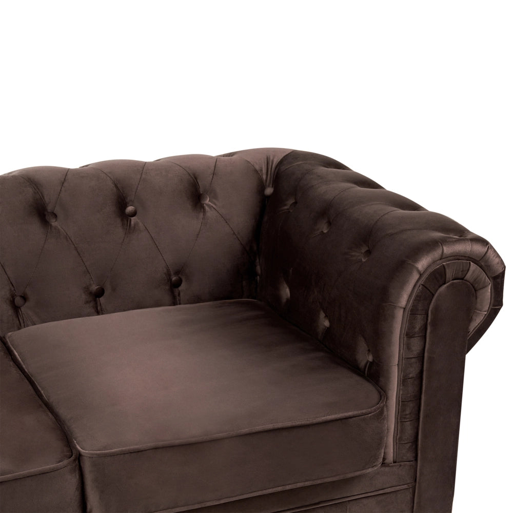 Divano Chesterfield classico capitonné a 3 posti in velluto marrone scuro stile Contemporaneo