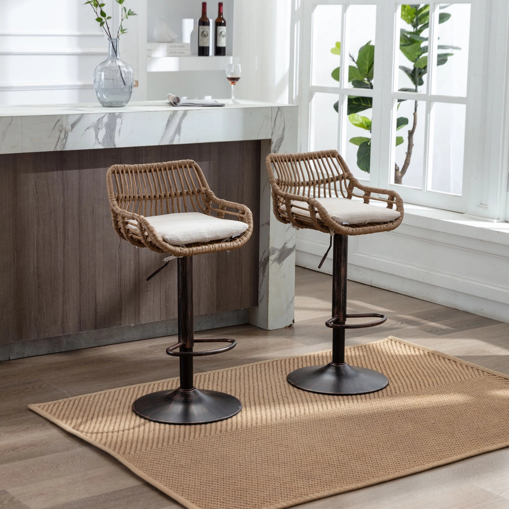 Set di 2 Sgabelli da Bar Girevoli e Regolabili in Altezza con Poggiapiedi; per Cucina e Sala da Pranzo; Lino; Beige