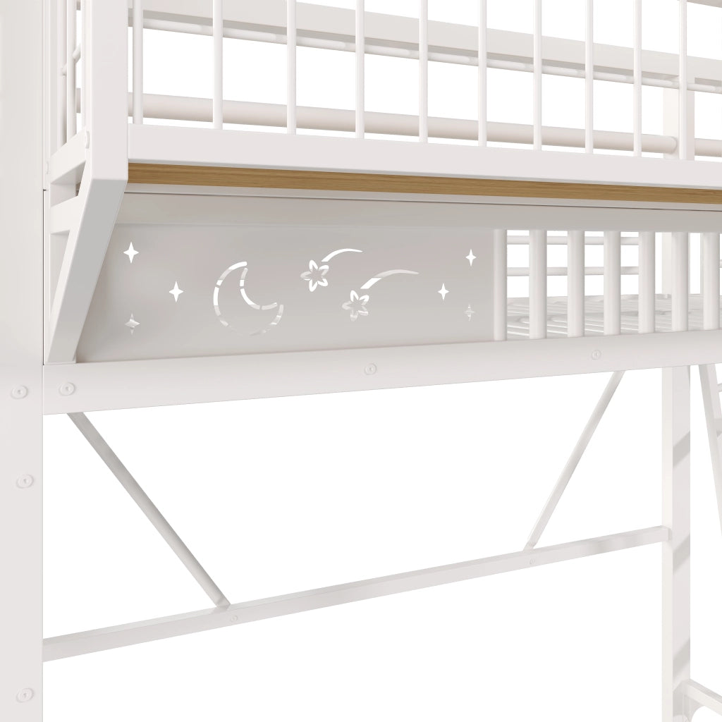Letto a soppalco per bambini 90x200 cm; in metallo con vani portaoggetti integrati e spazio inferiore aperto; bianco