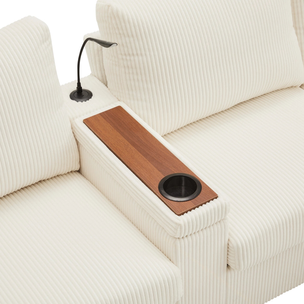 Divano angolare 4 posti con ricarica USB e Type-C; contenitore - in tessuto a coste beige