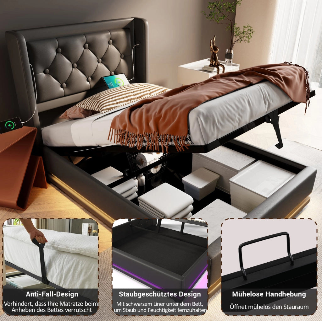 Letto singolo contenitore 90x200 cm nero PU con LED e USB-C