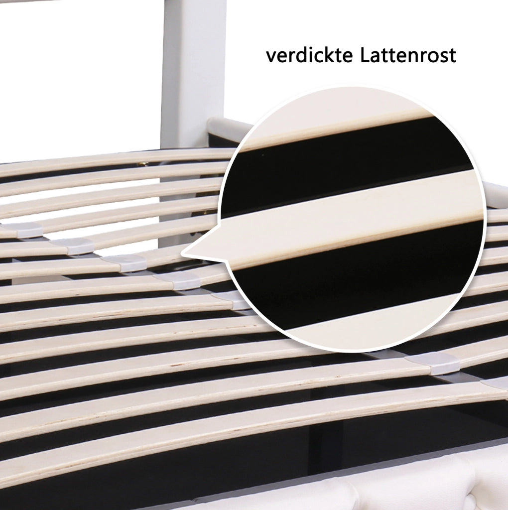 Letto imbottito 140x200 cm con contenitore; rete a doghe; LED regolabile e rivestimento in PU bianco