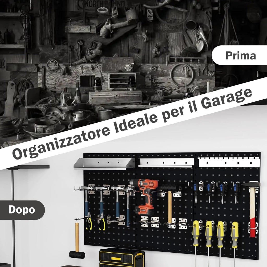 Kit 3 Pannelli Porta Attrezzi da Parete 60 x 40 cm, Pannello Forato Portaoggetti con 24 Ganci e Supporti, Pannello Portautensili per Officina e Garage (Nero)