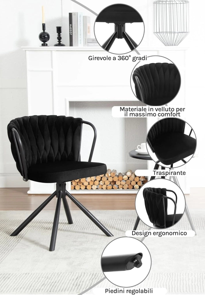 Sedia da Pranzo Girevole Set di 2, Poltrona Imbottita con Schienale Intrecciato e Gambe in Metallo, Sedia Scandinava, Velluto,Nero EZS72sz-2