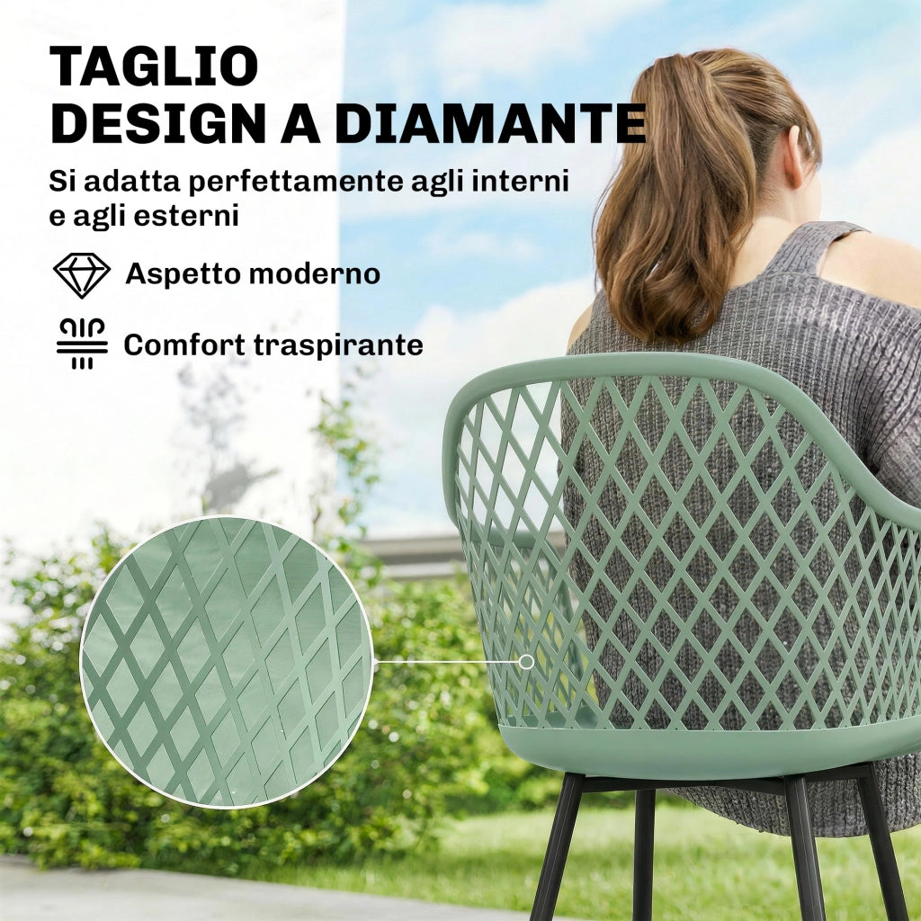 Set 4 Sedie da Giardino 56x51x84 cm con Schienale Diamantato e Braccioli in Metallo e PP Verde
