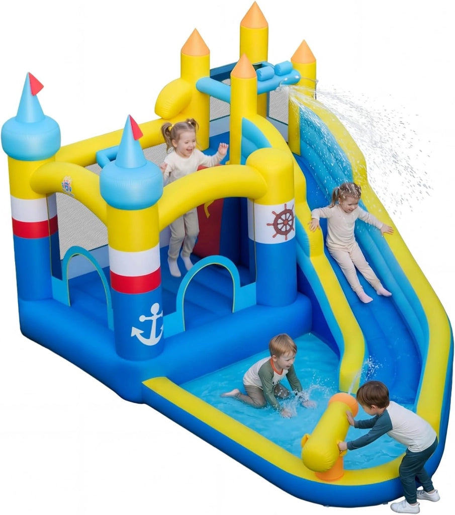 Castello Gonfiabile per Bambini, Casa Gonfiabile con Piscina Splash, Cannone d'Acqua, Area di Rimbalzo, Scivolo Lungo, Parete d'Arrampicata, per Bambini 3-12 Anni (Senza Soffiatore)