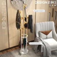 Appendiabiti da Terra di Design con Portaombrelli e 12 Ganci, Metallo e Bambù, 30.5x30.5x174.5cm, Legno e Bianco