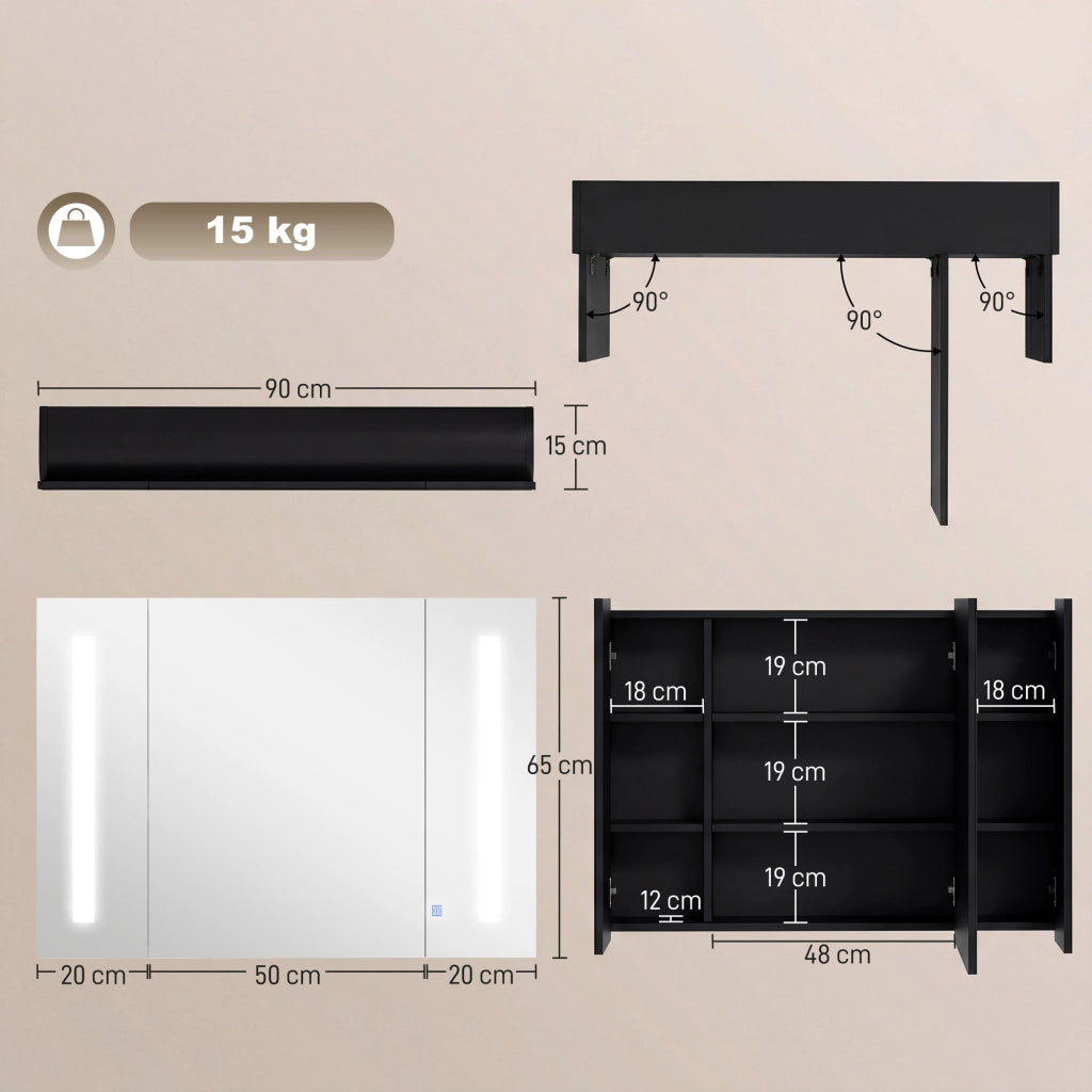 Armadietto con Specchio da Bagno a Parete in MDF con 3 Armadietti, 3 Ripiani e Luce LED, 90x15x65 cm, Nero