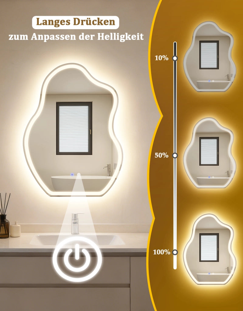 ZMH Specchio da bagno LED asimmetrico 60x80 cm IP44 interruttore touch antiappannante dimmerabile 3000K-6500K parete