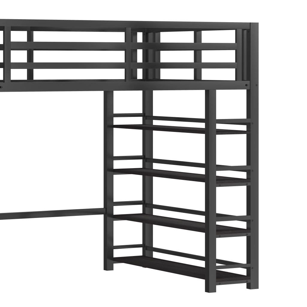 LETTO a soppalco 140x200 cm in metallo nero con LED e guardaroba