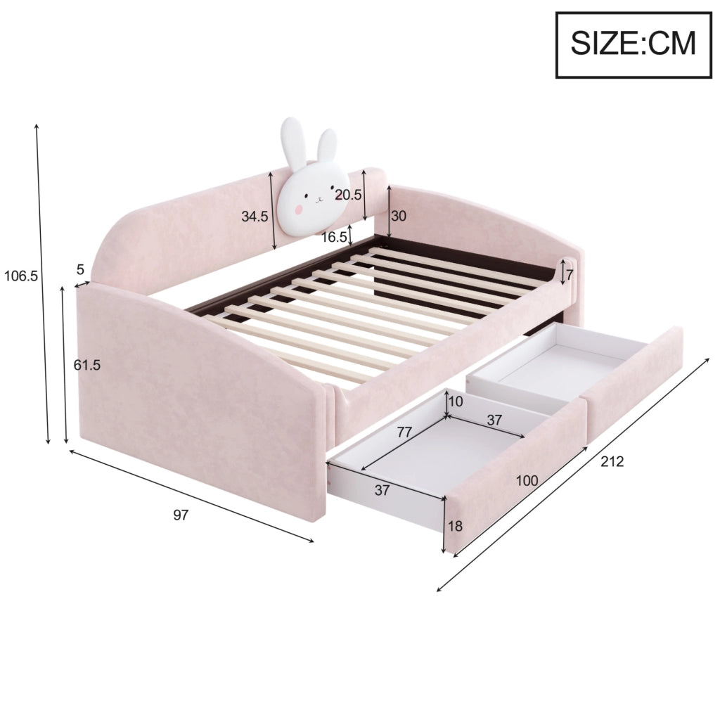 Letto imbottito per bambini 90x200 cm con 2 cassetti; LED; velluto rosa