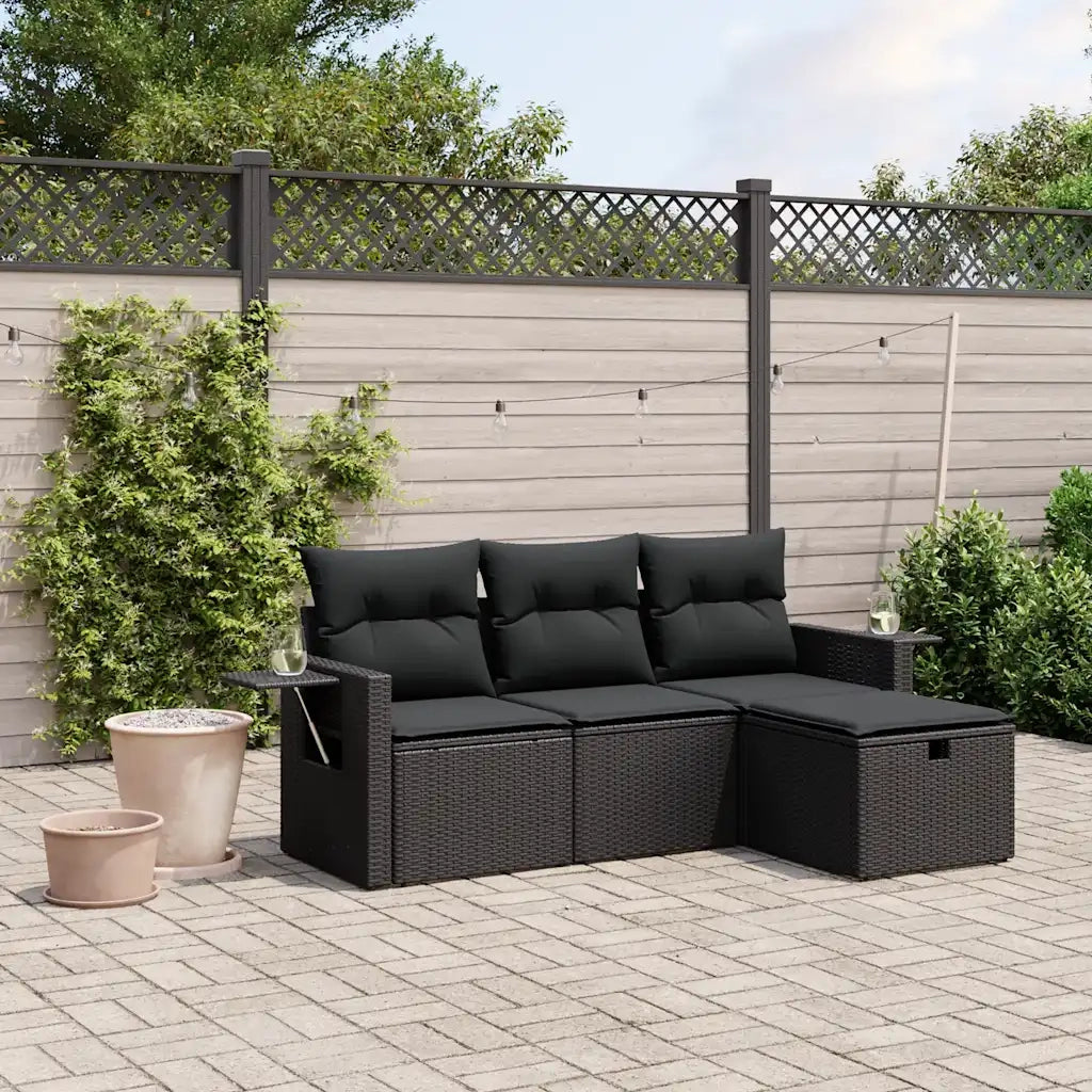 Set Divani da Giardino 4 pz | Set Salotto da Giardino con Cuscini Nero in Polyrattan