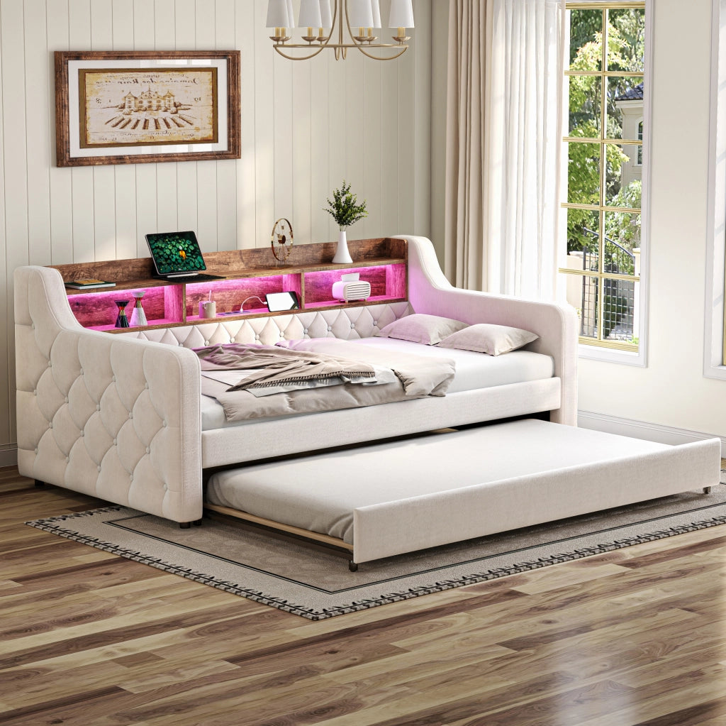 Divano letto estraibile 90x190 cm in velluto beige con LED; USB-C e contenitore