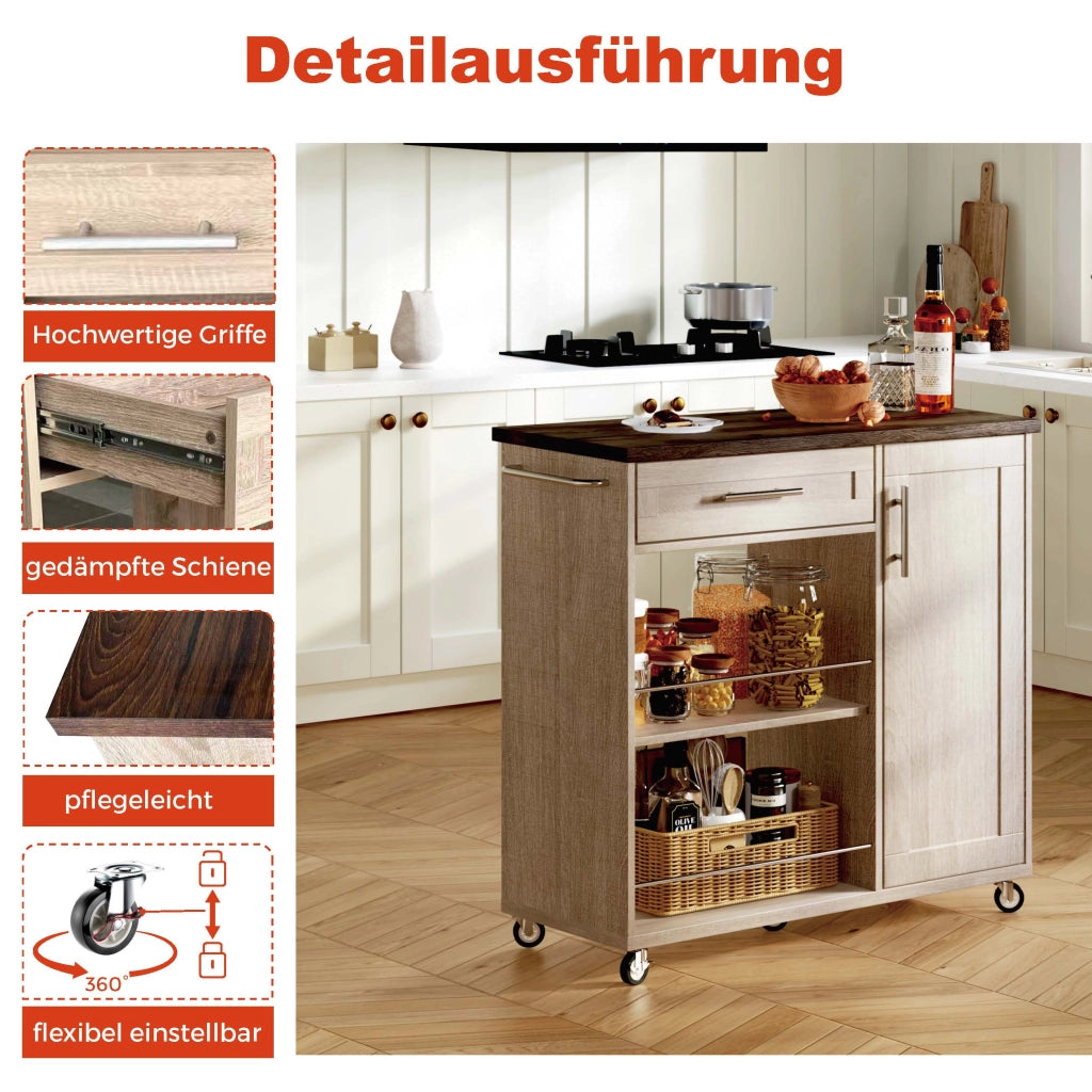 Carrello da cucina con cassetto; mobiletto; 2 ripiani aperti; porta asciugamani e ruote; 90 × 62 × 90 cm